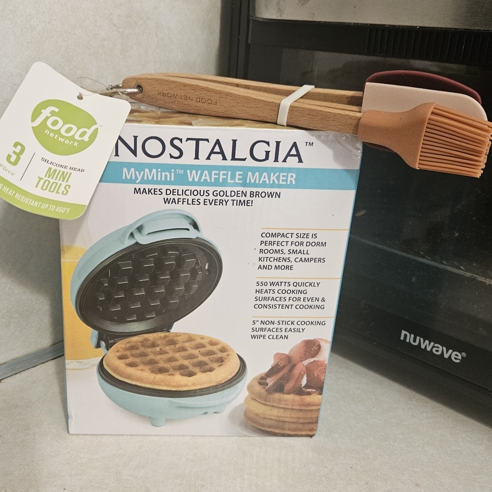 Nostalgia MyMini Waffle Maker in Blue Plus Food Network 3 Piece Mini Utensil Set